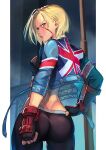  1girl blonde_hair blue_eyes cammy_white cropped_jacket fingerless_gloves gloves hand_on_hip hinoru_saikusa looking_back pants scar scar_on_cheek scar_on_face short_sleeves solo street_fighter street_fighter_6 union_jack yoga_pants 