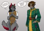  absurd_res anthro bethesda_softworks canid canine canis clothed clothing dark_elf dialogue dunmer duo elf eyewear female glasses hi_res humanoid male male/female mammal morrowind nerevarine poncho poncho_only red_ears robe sanguinarywolf scotik_productions seductive skimpy speech_bubble the_elder_scrolls thought_bubble wide_hips wolf 
