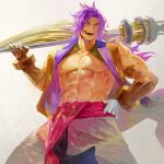  1boy bare_pectorals bare_shoulders bhima_(fate) biceps daeraeband dark-skinned_male dark_skin fate/grand_order fate_(series) feet_out_of_frame gauntlets indian_clothes large_pectorals long_hair male_focus muscular muscular_male pectorals pelvic_curtain purple_eyes purple_hair purple_vest simple_background smile solo thick_eyebrows very_long_hair vest 
