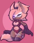  anthro blonde_hair blue_eyes breasts canid canine canis cleavage_cutout clothed clothing female fur gloves hair handwear hedgehogfever hi_res legwear looking_at_viewer mammal multicolored_body one_eye_closed ponytail simple_background solo thick_thighs thigh_highs two_tone_body wolf 