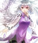  1girl angel_wings bangs bow bowtie breasts brooch contrapposto cowboy_shot dress feathered_wings grey_hair hair_between_eyes hajike_akira highres jacket jewelry kishin_sagume large_breasts long_sleeves looking_at_viewer medium_hair pantyhose purple_dress red_bow red_bowtie short_hair single_wing solo touhou white_wings wings 