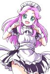  1girl alternate_costume apron black_dress blush collared_shirt dress enmaided frilled_apron frilled_dress frills green_eyes hanami_kotoha highres long_hair mahou_girls_precure! maid maid_apron maid_headdress neck_ribbon open_mouth pink_hair precure puffy_short_sleeves puffy_sleeves ribbon shirt short_sleeves smile solo uraki white_apron 