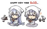  2023 2girls apron bandana bowl chopsticks chou-10cm-hou-chan_(fuyutsuki&#039;s) closed_eyes commentary_request cushion eating food fuyutsuki_(kancolle) grey_eyes grey_hair happy_new_year kantai_collection kappougi long_hair mochi multiple_girls nakadori_(movgnsk) one_side_up seiza simple_background sitting suzutsuki_(kancolle) white_background white_hair zabuton zouni_soup 