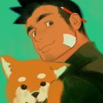  1boy ace_attorney animal bandaid bandaid_on_face bara behind_ear black_eyes brown_hair collared_shirt dick_gumshoe dog facial_hair holding holding_animal holding_dog looking_at_viewer male_focus mature_male mr_kasuy pencil portrait shiba_inu shirt short_hair smile solo stubble thick_eyebrows 