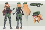  1girl bangs bare_shoulders black_gloves black_shirt blue_eyes breasts brown_eyes brown_hair closed_mouth commentary commission difman flat_cap gloves green_headwear green_pants grey_background gun hair_between_eyes hat heterochromia highres light_frown long_hair mechanical_arms medium_breasts multiple_views original pants partially_fingerless_gloves shirt single_mechanical_arm sleeveless sleeveless_shirt two-tone_background very_long_hair weapon weapon_request x-ray 