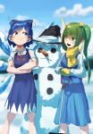  2girls blast-7 blue_bow blue_dress blue_eyes blue_hair blush_stickers bow carrot cirno closed_mouth collared_shirt crossed_arms daiyousei dress green_eyes green_hair hair_bow hat highres holding holding_shovel long_hair long_sleeves mittens multiple_girls open_mouth red_ribbon ribbon scarf shirt short_hair short_sleeves shovel side_ponytail smile smug snowman touhou white_shirt witch_hat yellow_bow yellow_mittens yellow_scarf 