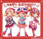  1girl absurdres amitie_(puyopuyo) bangs blonde_hair blush dual_persona futaba969649 green_eyes happy_birthday highres holding holding_staff looking_at_viewer one_eye_closed puyopuyo red_amitie red_skirt school_uniform short_hair shorts skirt smile staff standing standing_on_one_leg white_wings wings 