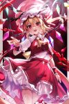  1girl :d absurdres ascot blonde_hair blood collared_shirt commentary_request cowboy_shot crystal flandre_scarlet frilled_shirt_collar frilled_skirt frills hat hat_ribbon highres long_hair looking_at_viewer mob_cap one_side_up open_mouth pointy_ears red_eyes red_ribbon red_skirt red_vest ribbon sakuhara_kaka shirt short_sleeves skirt smile solo touhou vest white_headwear white_shirt wings wrist_cuffs yellow_ascot 