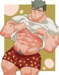  1boy abs alternate_muscle_size alternate_pectoral_size bara blush boxers bulge clothes_lift eyebrow_cut feet_out_of_frame highres large_pectorals lifted_by_self male_focus male_pubic_hair male_underwear muscular muscular_male nervous nipples pectorals print_male_underwear pubic_hair raineru_(gryffindor131) red_male_underwear shirt_lift short_hair sideburns solo standing stomach thick_eyebrows thick_thighs thighs tusks undercut underpec underwear vladimir_elliot_kirilenko wan_sheng_jie yellow_eyes 