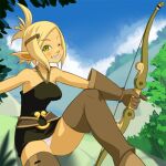  1girl bare_shoulders blonde_hair blush boots bow_(weapon) breasts dress elbow_gloves evangelyne_(wakfu) freckles gloves green_eyes hair_ornament haruyama_kazunori looking_at_viewer lowres one_eye_closed panties pointy_ears short_hair smile solo thigh_boots thighhighs tree underwear wakfu weapon 