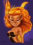  2023 anthro breasts chip_&#039;n_dale_rescue_rangers clothed clothing digital_media_(artwork) digital_painting_(artwork) disney female fire flaming_hair fur gadget_hackwrench hair hi_res humanoid humanoid_face long_hair looking_at_viewer mammal mouse murid murine orange_hair portrait pseudo_hair red_eyes rodent simple_background smile solo vylfgor 