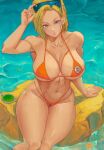 1girl absurdres alterlesott alternate_costume android_18 arm_support bikini blonde_hair blue_eyes breasts collarbone dragon_ball dragon_ball_(object) dragon_ball_z dragon_radar earrings eyewear_on_head fish highres jewelry large_breasts looking_at_viewer navel orange_bikini parted_lips short_hair sitting solo sunglasses swimsuit thick_thighs thighs water 