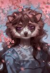  anthro artist_name blue_clothing blue_topwear brown_hair brown_markings bust_portrait cheek_tuft cherry_blossom clothed clothing eyelashes facial_markings facial_tuft female front_view fur glistening glistening_eyes hair head_markings hi_res long_hair looking_at_viewer mammal marie_merkh markings plant portrait procyonid purple_eyes raccoon solo topwear tuft white_body white_fur 