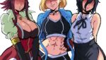  3girls abs bare_shoulders black_choker black_hair black_sports_bra blonde_hair blue_jacket breasts cammy_white chainsaw_man choker cleavage cropped_jacket elbow_gloves fingerless_gloves gloves hair_bun hand_on_hip highres izayoi_aki jacket jewelry large_breasts lewdamone lips medium_breasts multiple_girls navel neck_ribbon necklace no_eyes pants red_choker red_hair reze_(chainsaw_man) ribbon scar scar_on_face shaded_face shirt short_hair simple_background single_hair_bun sports_bra street_fighter street_fighter_6 white_shirt yoga_pants yu-gi-oh! yu-gi-oh!_5d&#039;s 