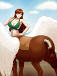  anus brown_body brown_eyes centaur clothing equid equid_taur equine female genitals green_clothing green_topwear hi_res horse humanoid_taur mammal mammal_taur phantom_inker pussy solo taur topwear wings 