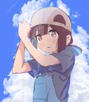  1girl adjusting_clothes adjusting_headwear bangs bare_arms baseball_cap black_shirt blue_hair blue_sky blunt_bangs brown_eyes brown_hair cloud commentary hat hozuki_momiji light_blush looking_away multicolored_hair murairamuraiari onii-chan_wa_oshimai! open_mouth overalls shirt short_ponytail short_sleeves sideways_hat sketch sky solo t-shirt two-tone_hair upper_body 