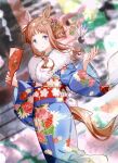  1girl alternate_costume alternate_hairstyle animal_ears blue_kimono blurry blurry_background brown_hair closed_mouth feet_out_of_frame floral_print fur-trimmed_kimono fur_trim gocoli grass_wonder_(umamusume) grey_eyes hagoita hair_bun hands_up hane_(hanetsuki) hanetsuki highres holding holding_paddle horse_ears horse_girl horse_tail japanese_clothes kimono lens_flare long_hair long_sleeves looking_at_viewer obi outdoors paddle sash smile solo tail umamusume wide_sleeves yukata 