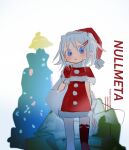  1girl artist_name bangs blue_eyes blurry blurry_background blush capelet carrying_over_shoulder christmas christmas_tree copyright_name dress english_text fake_horns feet_out_of_frame fur-trimmed_capelet fur_trim gloves hair_horns hair_ornament hairclip hand_up hat highres holding holding_sack horns kokaki_mumose looking_at_viewer null-meta open_mouth red_capelet red_dress red_gloves red_thighhighs sack santa_costume santa_hat short_dress single_glove single_thighhigh sketch solo standing sweatdrop takada_shiyuki thighhighs white_hair 