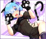  1girl absurdres animal_ears animal_hands bare_shoulders bikini black_bikini black_shirt black_tail black_thighhighs blue_eyes blue_hair breasts cat_ears cat_tail character_name commentary_request cross-laced_clothes fake_animal_ears fake_tail flower_knot gloves hair_ornament hair_over_one_eye hands_up highres large_breasts looking_at_viewer navel off-shoulder_shirt off_shoulder open_mouth paw_gloves paw_print psyto_qy2 re:zero_kara_hajimeru_isekai_seikatsu rem_(re:zero) see-through see-through_shirt shirt short_hair solo strapless strapless_bikini string_bikini swimsuit tail teeth thighhighs thighs underboob upper_teeth_only x_hair_ornament 