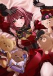  1girl black_gloves blush bob_cut bow breasts cleavage detached_sleeves dress garter_straps gloves gothic_lolita heterochromia highres hololive houshou_marine jewelry lolita_fashion necklace red_dress red_sleeves short_hair smile solo stuffed_animal stuffed_toy teddy_bear thighhighs white_thighhighs yoshioka_pochi 