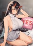  1girl absurdres arm_support arm_up bangs bare_arms bare_legs bare_shoulders bed black_hair breasts cable_knit commentary_request demon_girl enjo_kouhai hair_ornament hairclip heart highres horns indoors large_breasts long_hair looking_at_viewer meme_attire naked_sweater on_bed oni oni_horns origamine_ouka parted_lips pillow pointy_ears ribbed_sweater sideboob sidelocks sitting sleeveless sleeveless_sweater sleeveless_turtleneck solo sweater takunomi thighs turtleneck turtleneck_sweater very_long_hair virgin_killer_sweater white_sweater yellow_eyes yes yes-no_pillow yokozuwari 