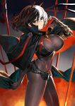  1girl absurdres azur_lane bangs black_hair bodystocking breasts bruenhilde_(azur_lane) cape capelet covered_navel cowboy_shot cross from_side gauntlets hair_between_eyes hand_up highres iron_cross kaki_z3 large_breasts looking_at_viewer multicolored_hair red_eyes short_hair shorts solo split-color_hair white_hair 