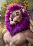  absurd_res anthro artist_name big_fangs brown_body brown_fur bust_portrait cheek_tuft eyelashes facial_tuft felid front_view fur hi_res lion male mammal mane marie_merkh nude pantherine plant portrait purple_eyes purple_mane purple_nose signature solo tree tuft whiskers 