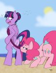  2017 alternate_hairstyle assisted_exposure beach bikini blue_eyes butt clothed clothed_feral clothing constricted_pupils coppertone_(sunscreen) digital_drawing_(artwork) digital_media_(artwork) duo earth_pony equid equine eyelashes female female/female feral friendship_is_magic fur hair hair_bun hasbro hi_res horn horse lidded_eyes mammal mouth_hold multicolored_hair multicolored_tail my_little_pony on_hind_legs one-piece_swimsuit open-back_swimsuit penn-name pink_body pink_fur pink_hair pink_tail pinkie_pie_(mlp) pony princess_twilight_sparkle_(mlp) pupils purple_body purple_eyes purple_fur sand seaside semi-anthro signature small_pupils suntan surprise swimwear tail tan_line twilight_sparkle_(mlp) winged_unicorn wings 