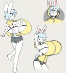  angstrom anthro back_boob big_breasts black_eyes blue_hair bottomwear breasts butt clothing eyes_closed female frown hair hands_behind_head hoodie huge_breasts lagomorph leporid looking_back mammal molly_(angstrom) open_mouth rabbit shorts smile solo topwear white_body 