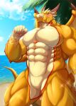  abs absurd_res anthro beach blush dragon hi_res horn lifewonders looking_at_viewer male muscular muscular_anthro muscular_male nude ophion pecs scales seaside slit solo tokyo_afterschool_summoners toranoyouhei wings yellow_body yellow_scales 
