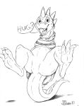  2017 anthro balancing balancing_on_tail bottomless bottomless_anthro bottomless_male claws clothed clothing dialogue fangs hi_res legs_up looking_at_viewer male marcushunter monster monster_kid open_mouth scalie shirt shirt_only signature smile smiling_at_viewer solo spread_legs spreading tail talking_to_viewer teeth text toe_claws tongue topwear topwear_only undertale_(series) wide_eyed 