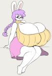  angstrom anthro big_breasts black_eyes bottomwear braided_hair braided_ponytail breasts clothing female hair hi_res huge_breasts hyper hyper_breasts lagomorph leporid looking_at_viewer mammal marie_(angstrom) one_eye_closed ponytail purple_hair rabbit sitting skirt smile solo sweater thick_thighs topwear white_body 