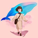  1girl artist_name bag bag_charm bob_cut brown_coat brown_eyes brown_footwear brown_hair brown_skirt charm_(object) coat extraordinary_attorney_woo handbag highres long_sleeves pink_background shadow shoes skirt smile solo standing whale woo_young-woo yeoneotail 