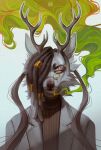  absurd_res anthro antlers artist_name brown_clothing brown_hair brown_nose brown_topwear bust_portrait canid cigarette cigarette_in_mouth clothed clothing dreadlocks eyebrow_piercing eyelashes eyewear facial_piercing facial_spots front_view fur glasses glistening glistening_eyes green_smoke grey_background grey_body grey_clothing grey_fur grey_hair grey_jacket grey_spots grey_topwear hair hair_over_eye hi_res horn hybrid jacket light_body light_fur light_hair looking_at_viewer male mammal marie_merkh narrowed_eyes object_in_mouth one_eye_obstructed piercing portrait round_glasses simple_background smoke smoking solo spots spotted_face topwear wearing_glasses yellow_eyes yellow_sclera 