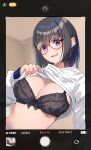  1girl :d absurdres bangs black_bra black_hair blunt_bangs blush bra breasts cleavage clothes_lift glasses haru_yu highres large_breasts lifted_by_self long_hair long_sleeves looking_at_viewer mole mole_on_breast open_mouth original purple_eyes red-framed_eyewear round_eyewear selfie shirt shirt_lift smile solo underwear upper_body white_shirt 