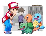  2boys anniversary blue_oak blue_pants brown_hair bulbasaur charmander chibi closed_mouth commentary_request crossed_arms hand_on_own_chin hat jacket koromochi_(26_corom) male_focus multiple_boys open_clothes open_jacket outline pants pokemon pokemon_(creature) pokemon_(game) pokemon_rgby purple_shirt red_(pokemon) shirt shoes short_hair spiked_hair squatting squirtle starter_pokemon_trio stroking_own_chin thinking white_footwear 