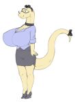  angstrom anthro big_breasts black_eyes bottomwear breasts cleavage clothed clothing dress_shirt eyewear female footwear glasses high_heels huge_breasts lizard non-mammal_breasts reptile scalie shirt skirt smile solo topwear yellow_body 