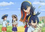  2boys 2girls ahoge bangs black_hair braid brother_and_sister brown_eyes brown_hair carmine_(pokemon) collared_shirt colored_inner_hair crossed_bangs eyelashes florian_(pokemon) fuecoco gloves hair_between_eyes hairband half-closed_eyes hat highres holding holding_pokemon japanese_clothes juliana_(pokemon) kieran_(pokemon) long_hair long_sleeves messy_hair mole mole_under_eye multicolored_hair multiple_boys multiple_girls naranja_academy_school_uniform necktie open_mouth orange_shorts outdoors p_0_a pokemon pokemon_(creature) pokemon_(game) pokemon_sv purple_hair purple_shorts quaxly red_gloves red_hair school_uniform shirt short_hair short_sleeves shorts siblings sidelocks sky smile sprigatito two-tone_hair uva_academy_school_uniform yellow_eyes yellow_hairband yellow_headwear 