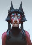  absurd_res anthro artist_name black_clothing black_ears black_hair black_topwear bust_portrait canid clothed clothing eyelashes female front_view fur grey_sclera hair hi_res long_hair mammal marie_merkh portrait red_body red_fur simple_background solo topwear white_body white_eyes white_fur 
