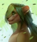  anthro artist_name brown_body brown_fur bust_portrait closed_smile eyes_closed felid fur green_hair hair hi_res lion male mammal marie_merkh mouth_closed nude orange_body orange_fur pantherine ponytail portrait side_view simple_background slight_smile solo 