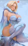  1girl araneesama bangs bare_shoulders blue_eyes blush boots breasts cape cleavage elbow_gloves emma_frost fur_collar gloves high_heel_boots high_heels highleg highleg_leotard highres large_breasts leotard looking_at_viewer marvel parted_bangs short_hair sitting solo thigh_boots thighs white_cape white_footwear white_gloves white_leotard x-men 