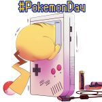  anniversary battery brand_name_imitation cable chida_daisuke commentary_request copyright_name game_boy game_boy_(original) game_link_cable handheld_game_console no_humans pikachu poke_ball poke_ball_(basic) pokemon pokemon_(creature) solo through_screen white_background 