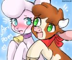  &lt;3 17:14 2020 arizona_cow_(tfh) bandanna bell bell_collar blue_background blue_eyes blush bovid bovine brown_body brown_fur brown_hair caprine catsonmarss cattle collar digital_drawing_(artwork) digital_media_(artwork) domestic_sheep duo embrace eye_contact female female/female feral fur green_eyes hair hereford_cattle horn hug kerchief looking_at_another mammal multicolored_body multicolored_fur neckerchief nervous no_pupils open_mouth open_smile pink_body pink_fur pom_(tfh) red_kerchief red_neckerchief sheep simple_background smile tan_body tan_fur text them&#039;s_fightin&#039;_herds two_tone_body two_tone_fur 