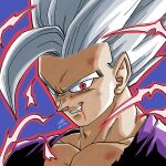  1boy blood blood_from_mouth bruise bruise_on_face commentary crazy_eyes crazy_grin crazy_smile dated dragon_ball dragon_ball_super dragon_ball_super_super_hero forest_1988 gohan_beast grey_hair grin injury male_focus muscular muscular_male portrait red_eyes signature smile solo son_gohan 