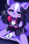  2023 aggressive_retsuko anthro blue_eyes bow_ribbon breasts cellphone cleavage clothed clothing dialogue english_text female fur headphones headphones_around_neck hi_res mammal mephitid phone purple_body purple_fur sanrio shikabane skunk solo text wildblur 