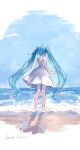  1girl absurdres ahoge bare_arms bare_legs blue_sky commentary_request dress from_behind full_body green_eyes hatsune_miku highres long_hair ocean signature sky soaking_feet solo standing tananuki twintails twitter_username very_long_hair vocaloid white_background white_dress 