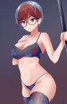  1girl absurdres bangs bare_shoulders bikini blue_eyes breasts cleavage collarbone cowboy_shot daawnu glasses gradient_background hand_on_own_chest highres large_breasts looking_at_viewer multicolored_hair navel penny_(pokemon) pokemon pokemon_(game) pokemon_sv pole print_bikini red_hair self-upload short_hair signature solo standing stomach swimsuit thighhighs thighs two-tone_hair 