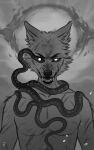  absurd_res ambiguous_gender anthro artist_name bust_portrait canid cheek_tuft duo eyelashes facial_tuft fangs front_view head_tuft hi_res looking_at_viewer male mammal marie_merkh monochrome nude portrait reptile scalie simple_background snake teeth tuft 