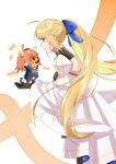  2girls ahoge artoria_caster_(fate) artoria_caster_(third_ascension)_(fate) artoria_pendragon_(fate) back_cutout bangs black_gloves blonde_hair blue_ribbon closed_mouth clothing_cutout commentary_request crown doll dress fate/grand_order fate_(series) fujimaru_ritsuka_(female) fujimaru_ritsuka_(female)_(halloween_royalty) gloves green_eyes hair_ribbon halloween highres holding littlea54481456 long_hair long_sleeves mini_crown multiple_girls orange_hair ponytail profile ribbon short_hair sidelocks smile very_short_hair white_dress wide_sleeves 