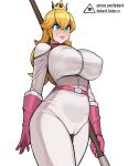  1girl belt blonde_hair blue_eyes bodysuit breasts cameltoe crown donburi_(donburikazoku) gloves highres holding holding_polearm holding_weapon huge_breasts lips long_hair mario_(series) pink_gloves pink_lips polearm princess_peach solo weapon white_bodysuit 